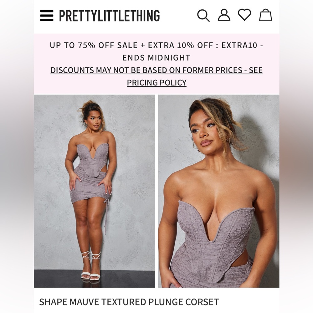 PrettyLittleThing SHAPE MAUVE TEXTURED PLUNGE CORSET & RUCHED SIDE BODYCON SKIRT